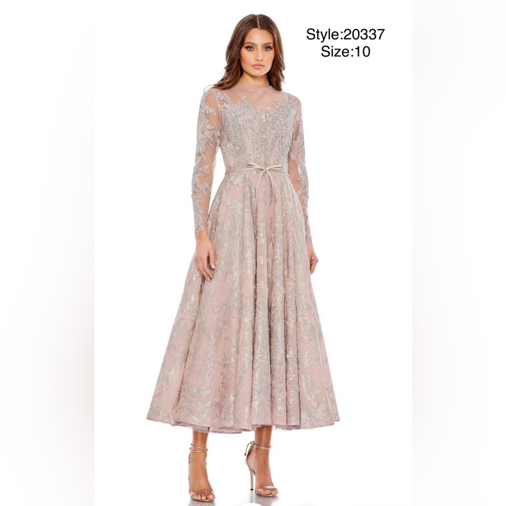 Embellished bow belt illusion long sleeve a-line dress